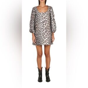GANNI Square-Neck Puff Sleeve Jacquard Mini Dress | Almond  3D Leopard size 38